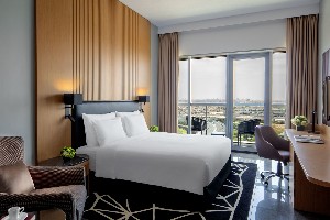 Sleek, spacious, balcony, skyline views.